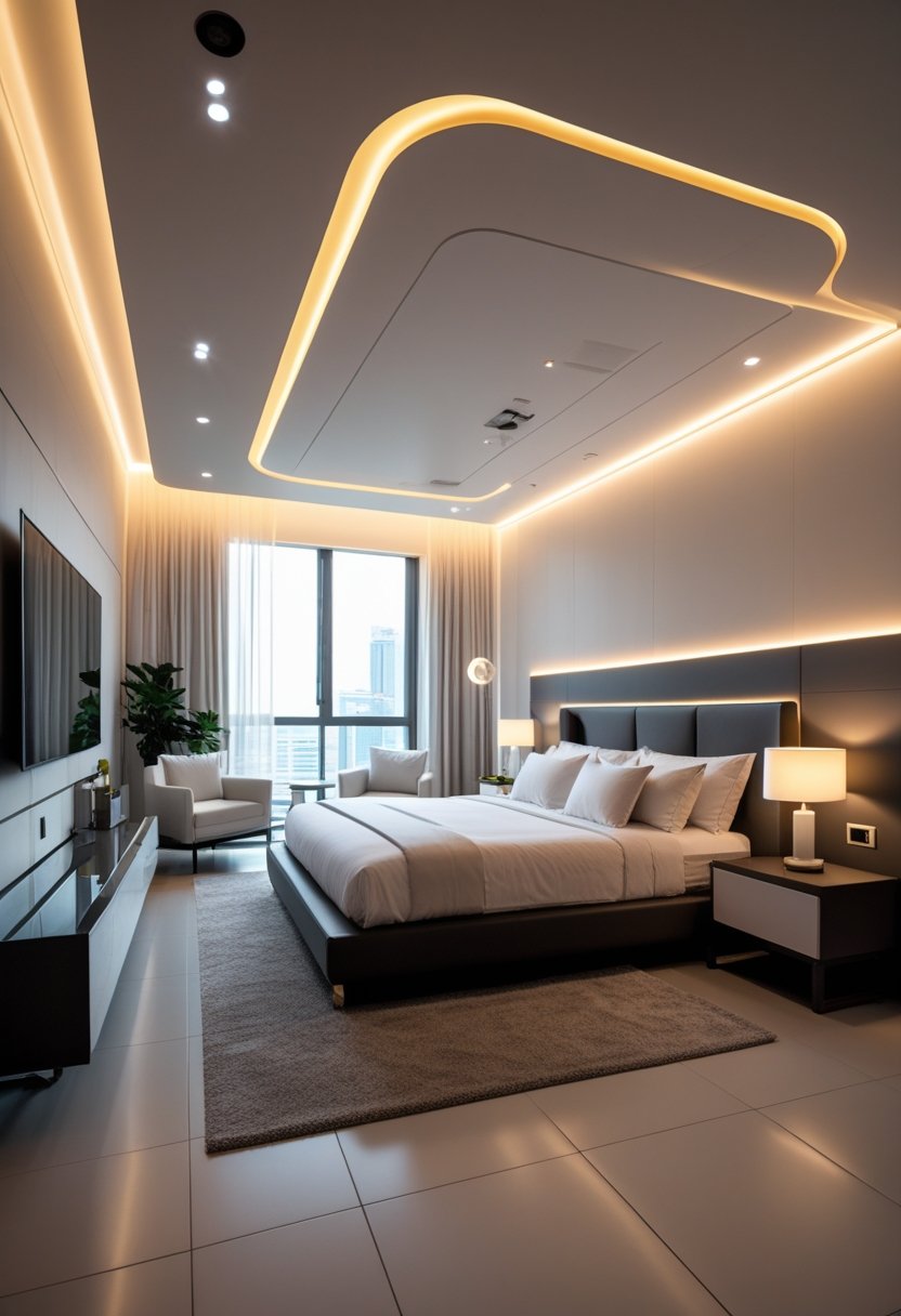 A modern bedroom with a large bed and ambient LED lighting creating a warm and inviting atmosphere.