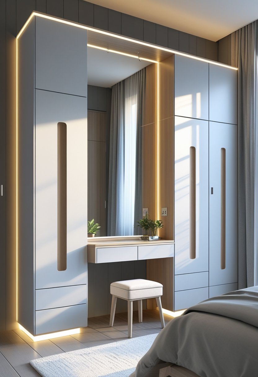 A modern bedroom wardrobe with built-in dressing tables and LED lighting, featuring smooth finishes and a large mirror.