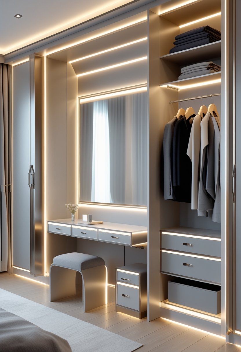A modern wardrobe interior with built-in dressing tables and LED lighting, showing organized shelves and hanging clothes.