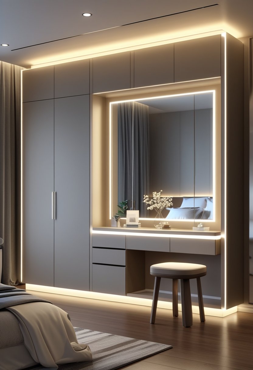 A bedroom interior showing a modern wardrobe with built-in dressing tables and LED lighting.