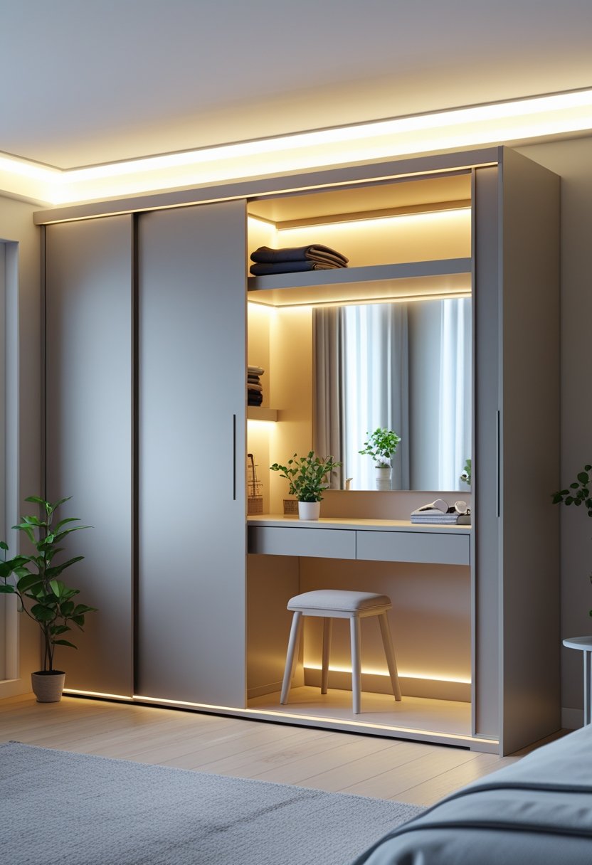 A modern bedroom with a sliding wardrobe featuring integrated dressing table and LED lighting.