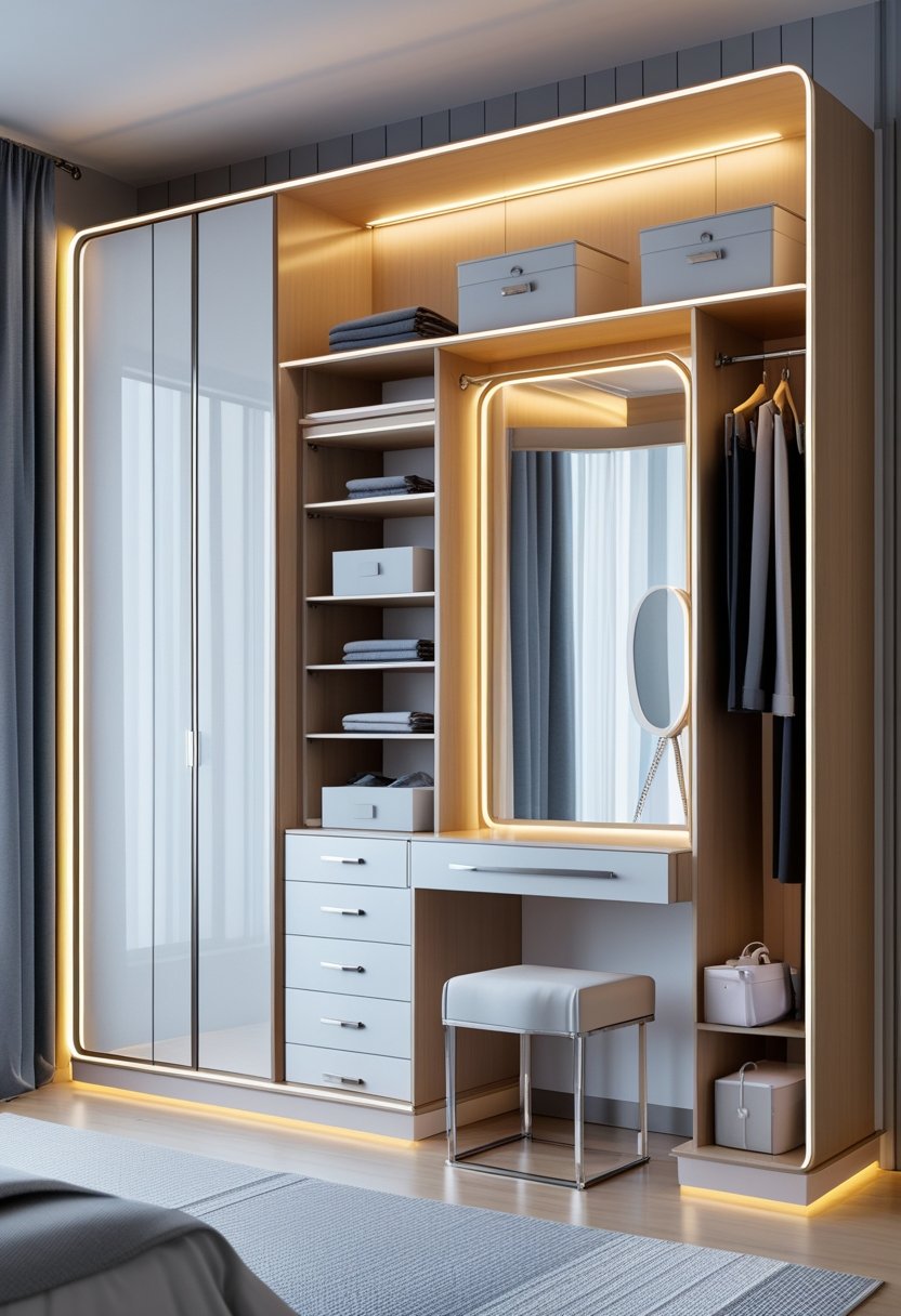 Interior view of a modern wardrobe with organized shelves, drawers, a dressing table, and soft LED lighting.