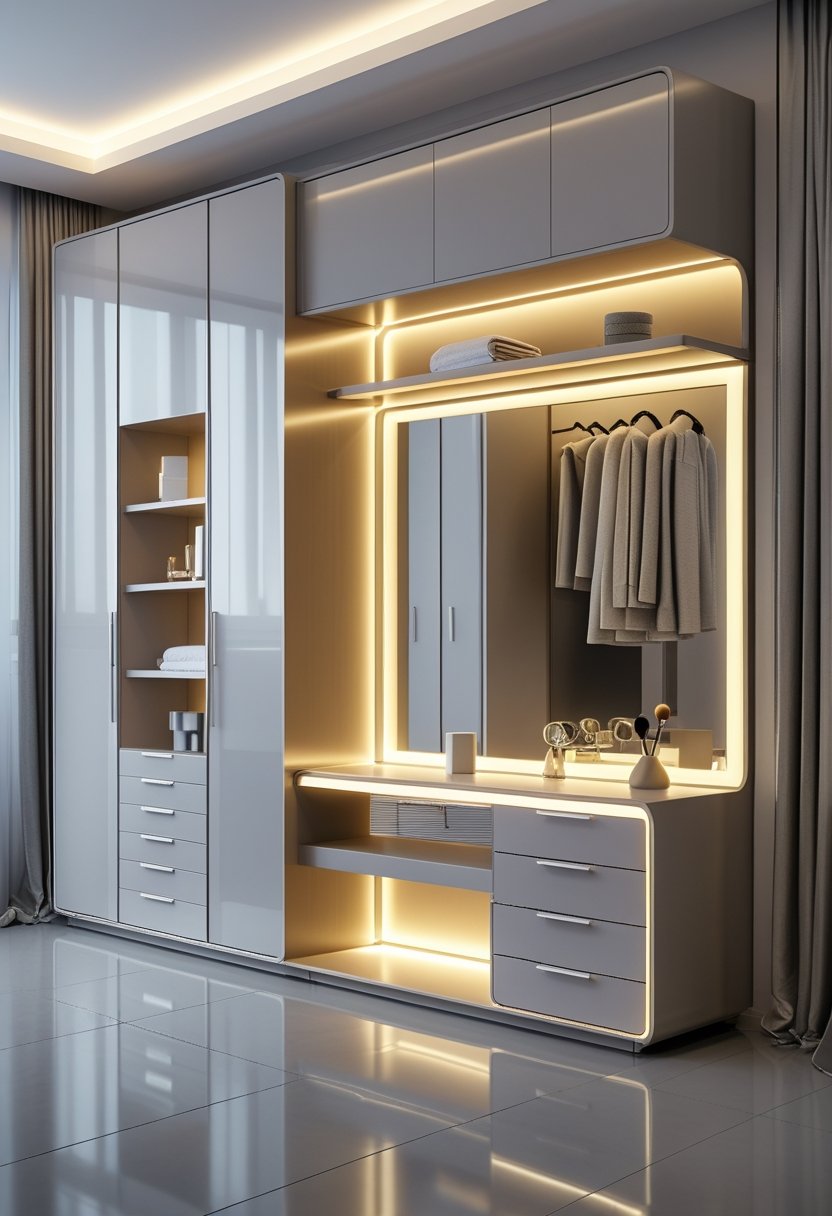 A modern bedroom scene showing a wardrobe with built-in dressing tables and soft LED lighting illuminating shelves and a mirror.