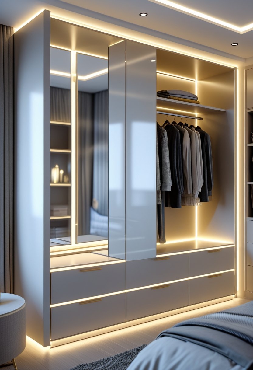 A modern bedroom wardrobe with integrated dressing tables and LED lighting, showing organized clothes and accessories.