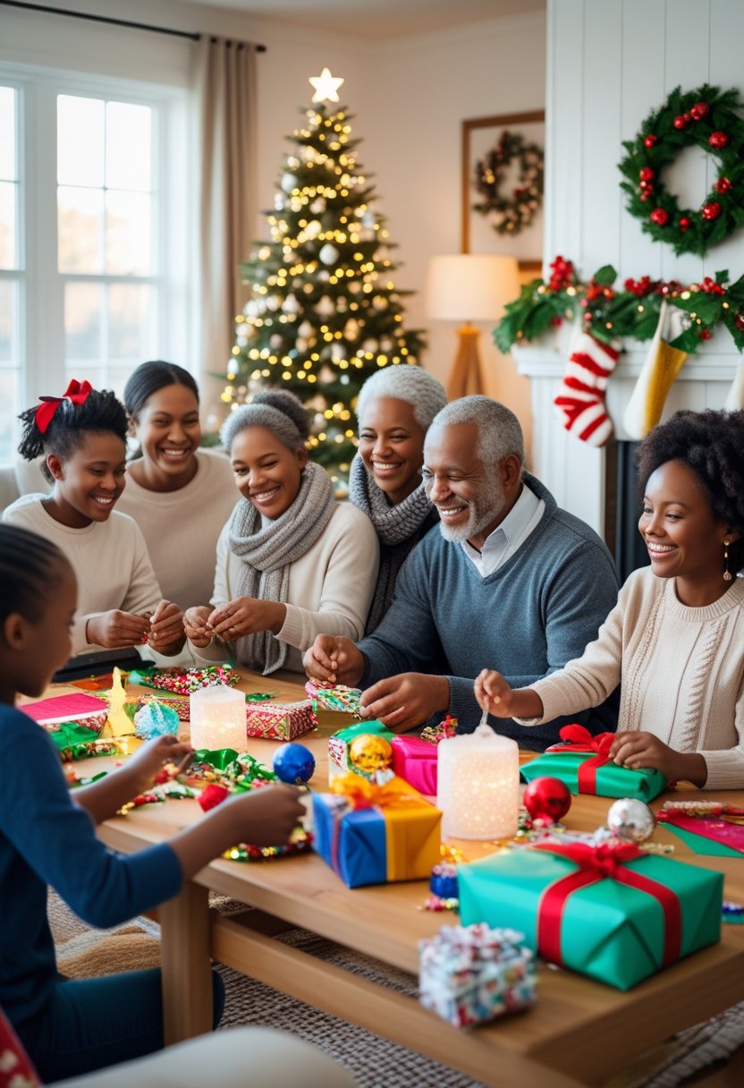 A family gathered in a living room decorated for the holidays, crafting decorations and wrapping gifts around a Christmas tree.