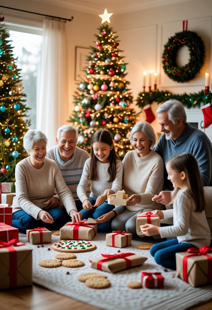 A multi-generational family gathered in a living room decorated for the holidays, with a Christmas tree and festive decorations, sharing joyful moments together.