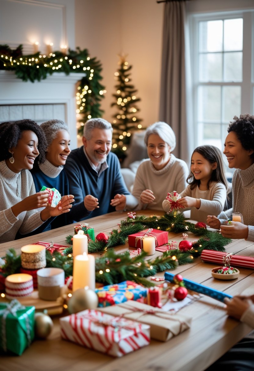 A family gathered around a dining table decorated with holiday crafts and treats, smiling and enjoying time together in a cozy living room.