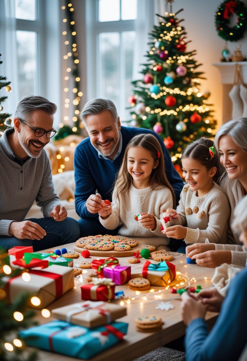A multi-generational family happily making holiday crafts and baking together in a decorated living room.