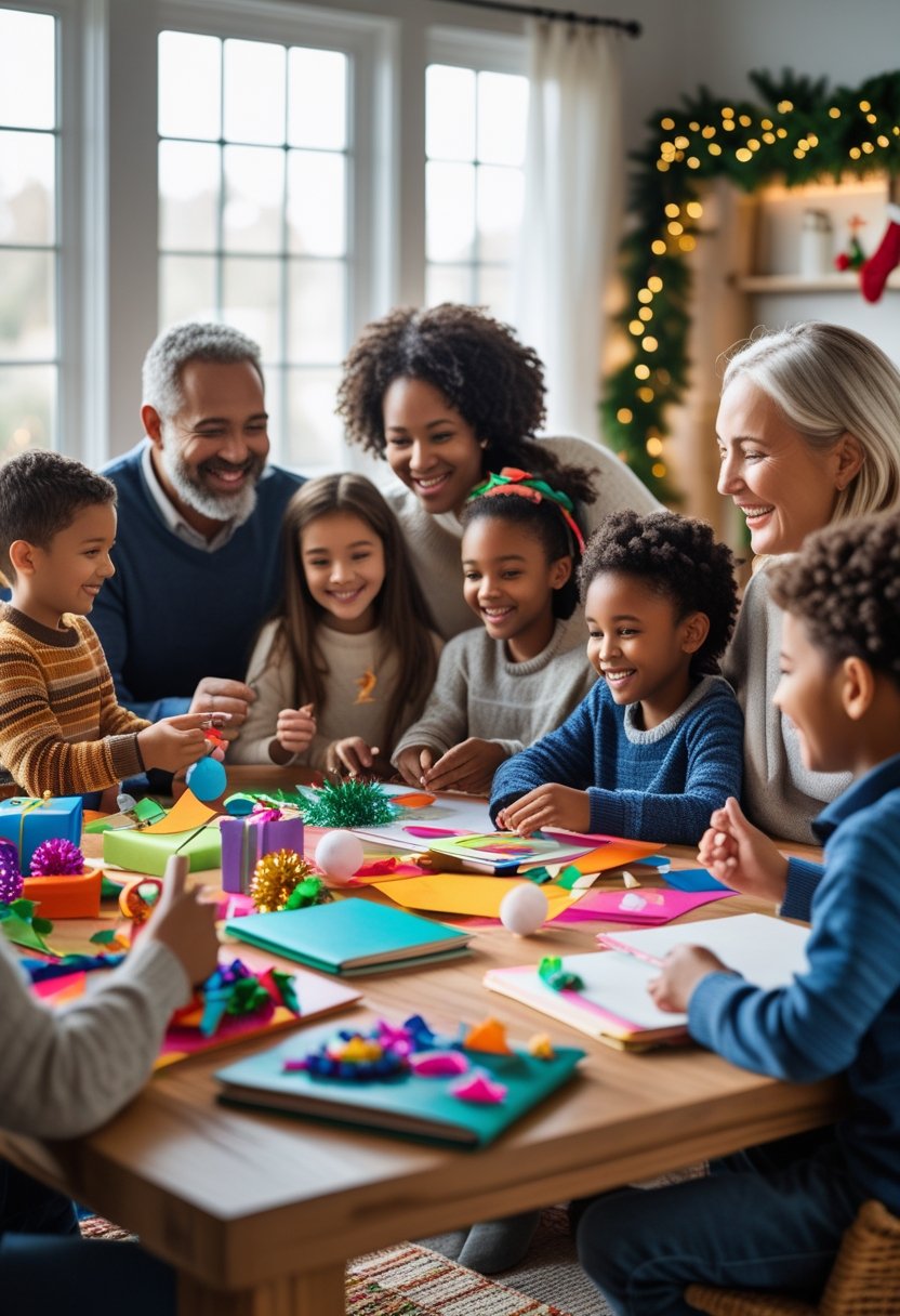 A multi-generational family gathered around a table in a cozy living room decorated for the holidays, sharing crafts and ideas with smiles.