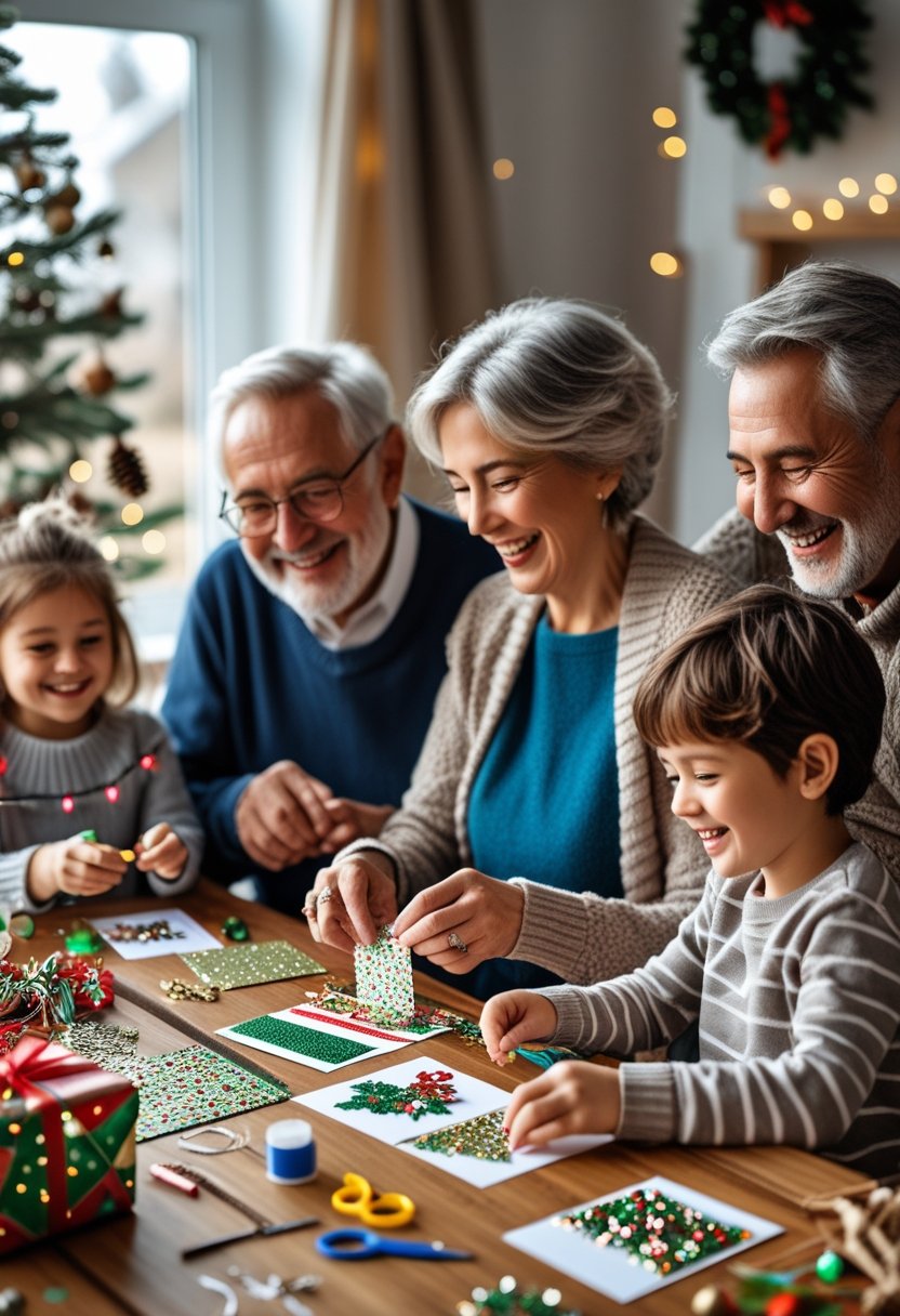A family of three generations crafting festive decorations together at a wooden table filled with colorful supplies and holiday decor.