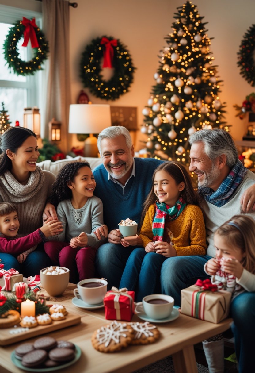 A multi-generational family happily gathered around a decorated Christmas tree in a cozy living room filled with holiday decorations and wrapped presents.