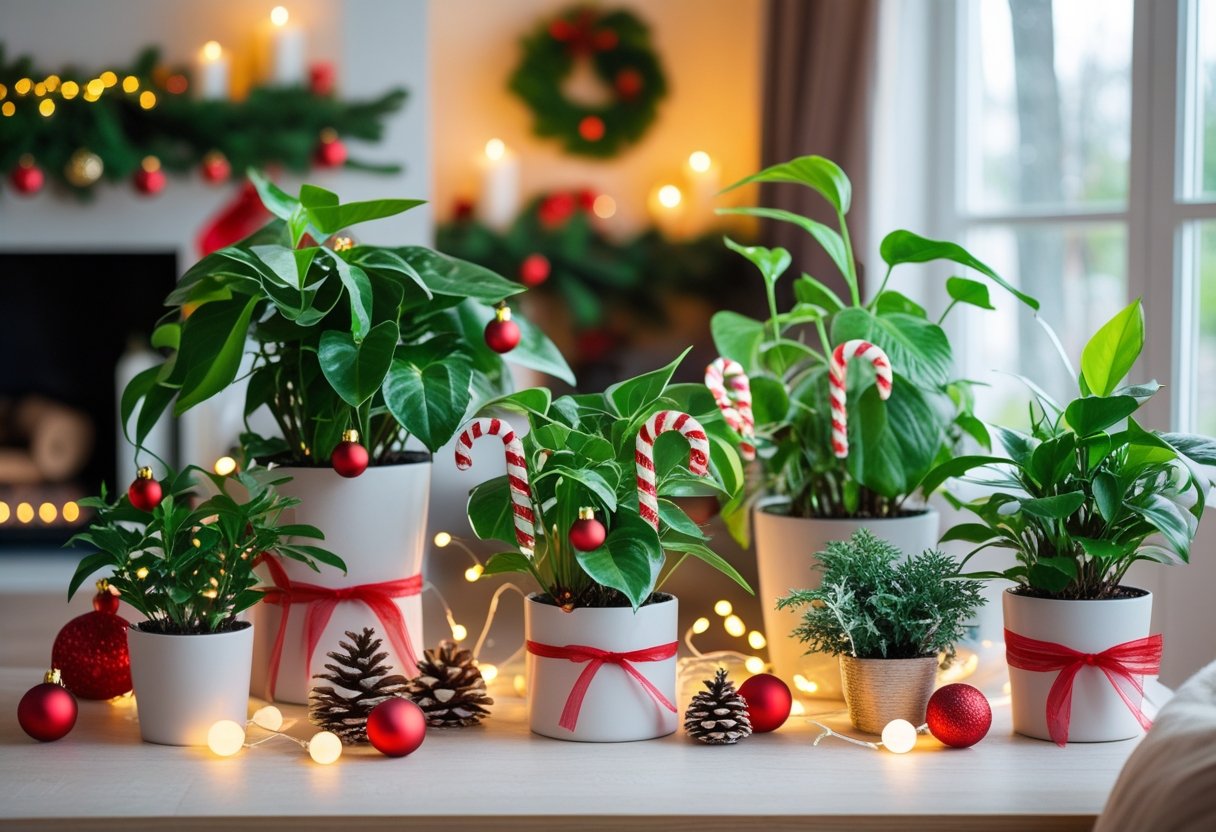 Indoor green plants decorated with Christmas ornaments, ribbons, and fairy lights in a cozy living room.