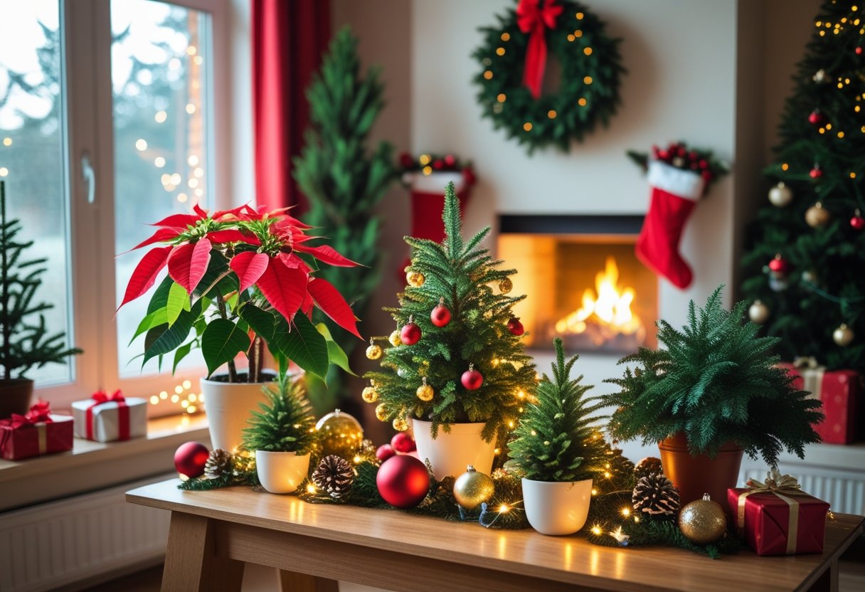 Indoor plants decorated with Christmas ornaments and lights in a cozy living room with a fireplace and holiday decorations.