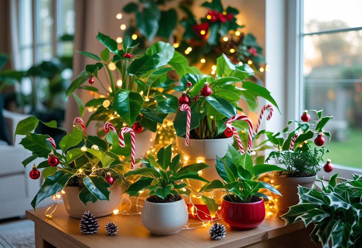 Indoor green houseplants decorated with Christmas ornaments, fairy lights, and candy canes in a cozy living room.