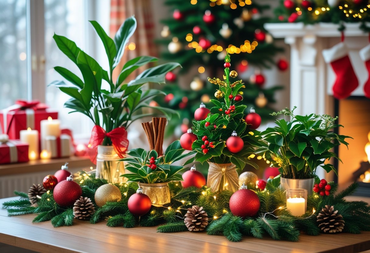 Indoor plants decorated with Christmas ornaments and lights arranged on a wooden table with holiday decorations in the background.