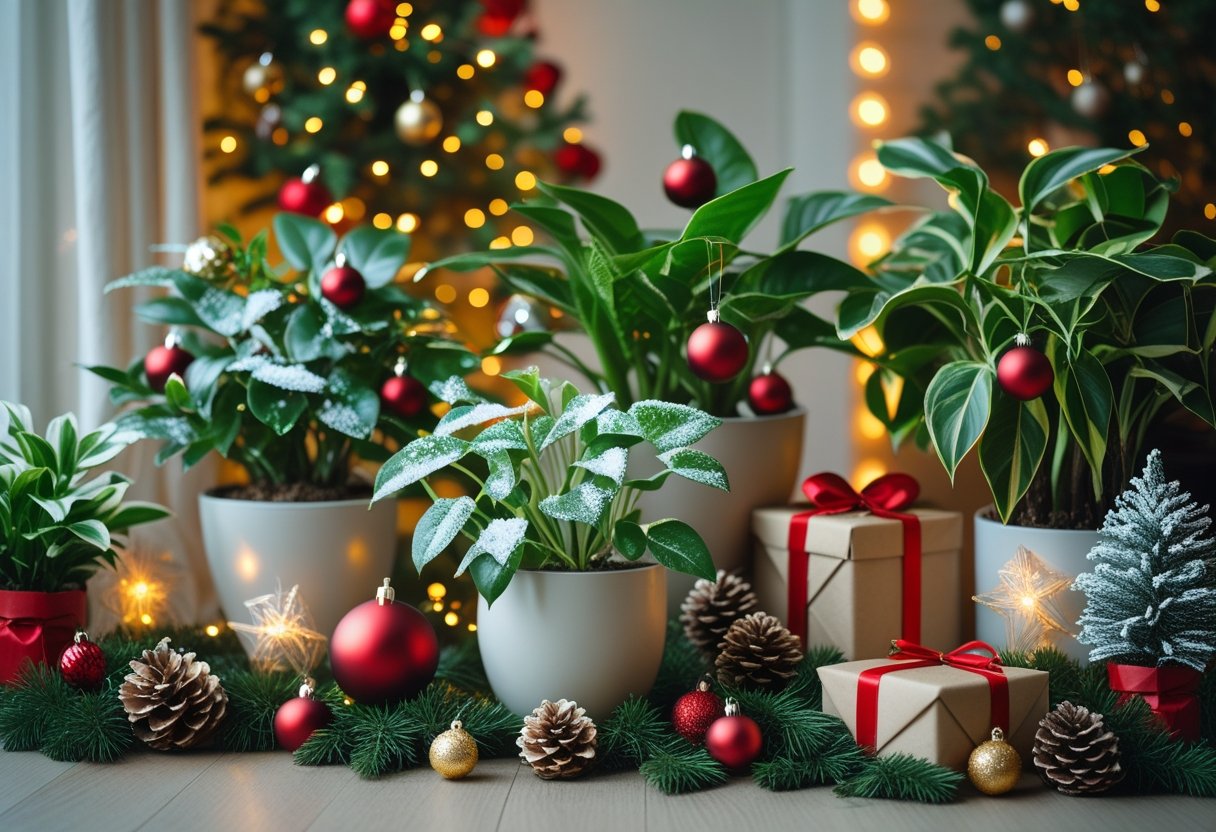 Indoor green houseplants decorated with Christmas ornaments, fairy lights, and small pinecones in a warmly lit room.