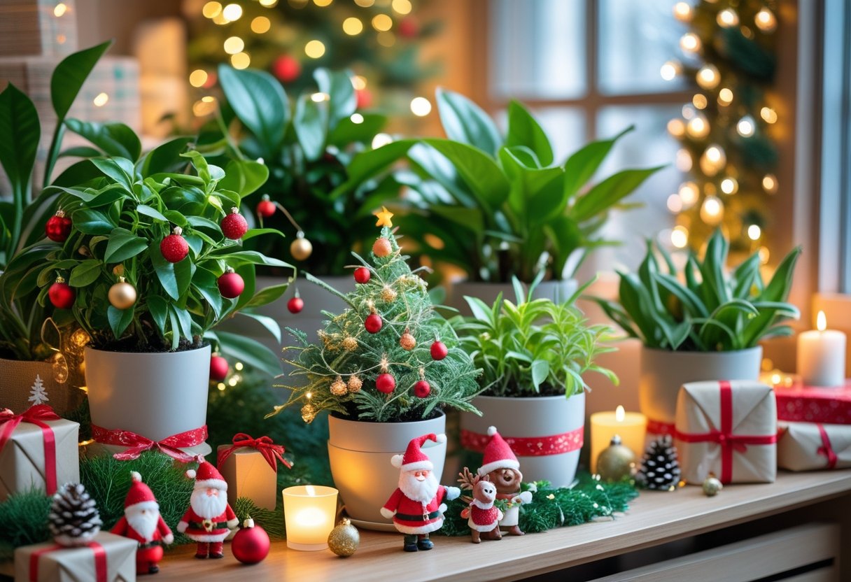 Indoor houseplants decorated with Christmas ornaments, fairy lights, and ribbons in a cozy room with holiday decorations.