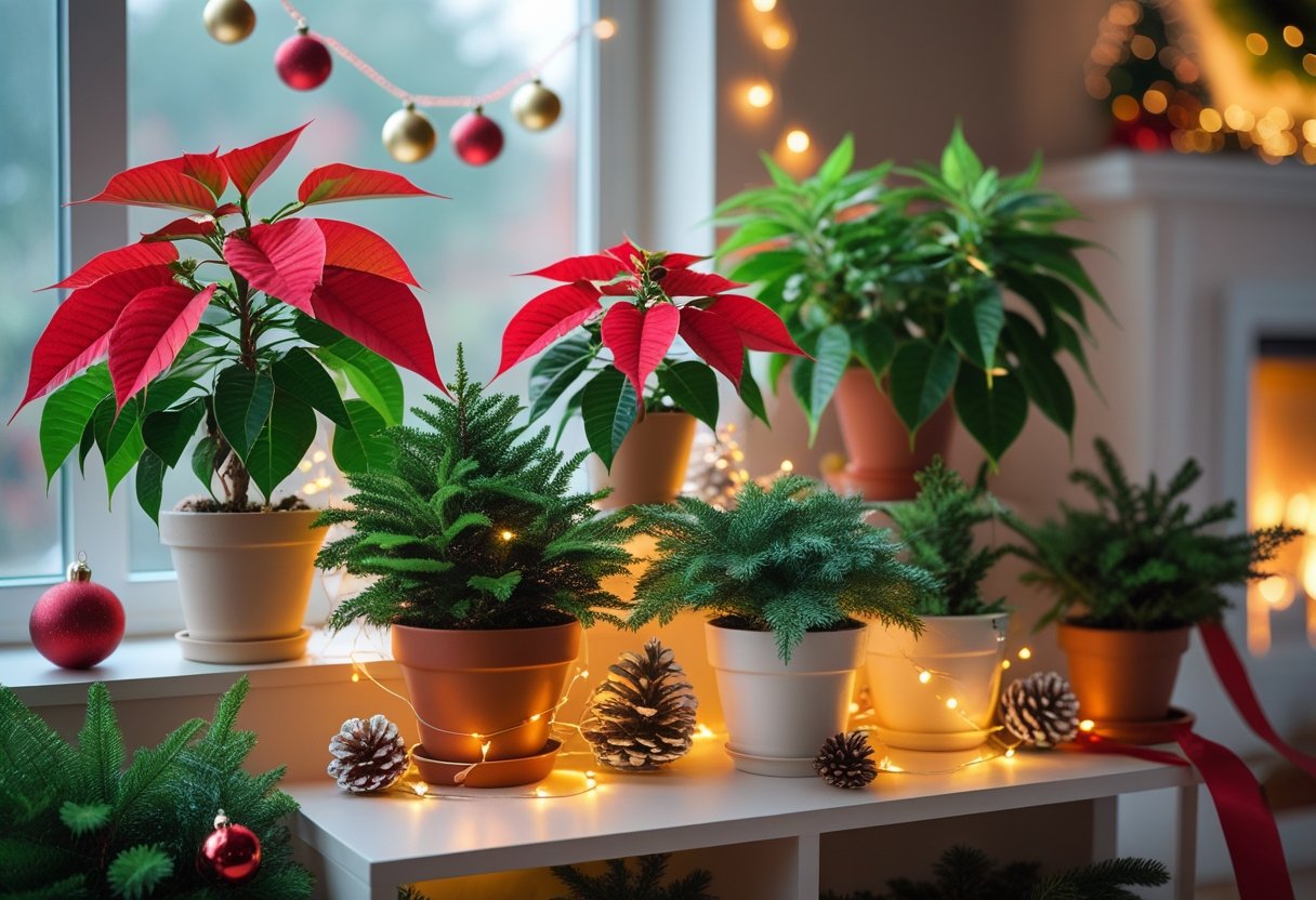 Indoor plants decorated with Christmas ornaments and fairy lights in a cozy living room.