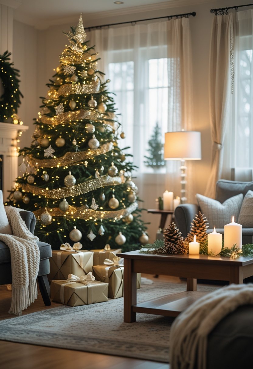 A living room decorated for the holidays with a Christmas tree, wrapped presents, an armchair with a blanket, a coffee table with candles, and a glowing fireplace.