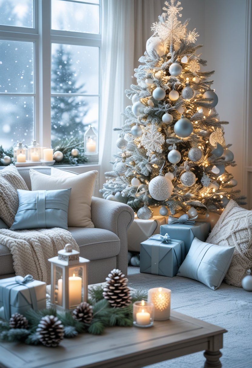 A cozy living room with a decorated Christmas tree, wrapped gifts, warm blankets, candles, and frosted windows showing snowfall outside.