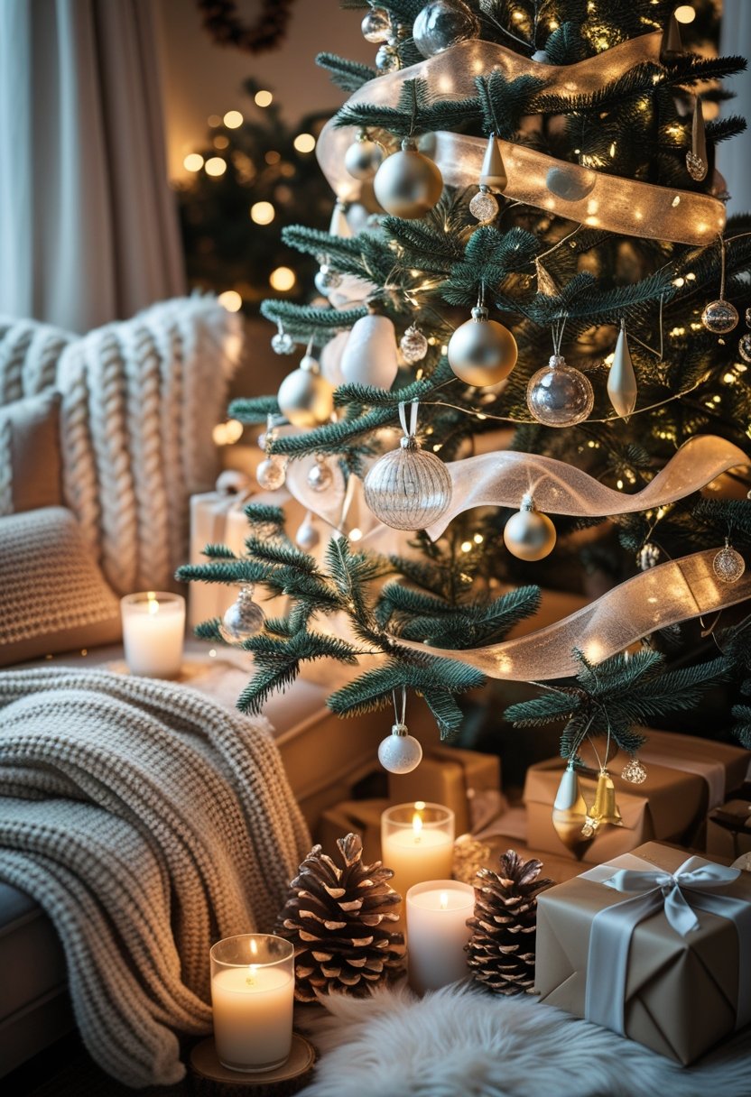 A decorated Christmas tree surrounded by cozy holiday decorations in a warm home setting.