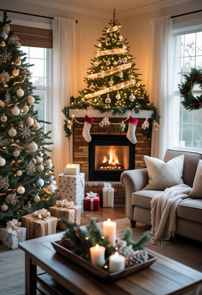 A cozy living room with a decorated Christmas tree, wrapped gifts, a fireplace with stockings, and comfortable seating.