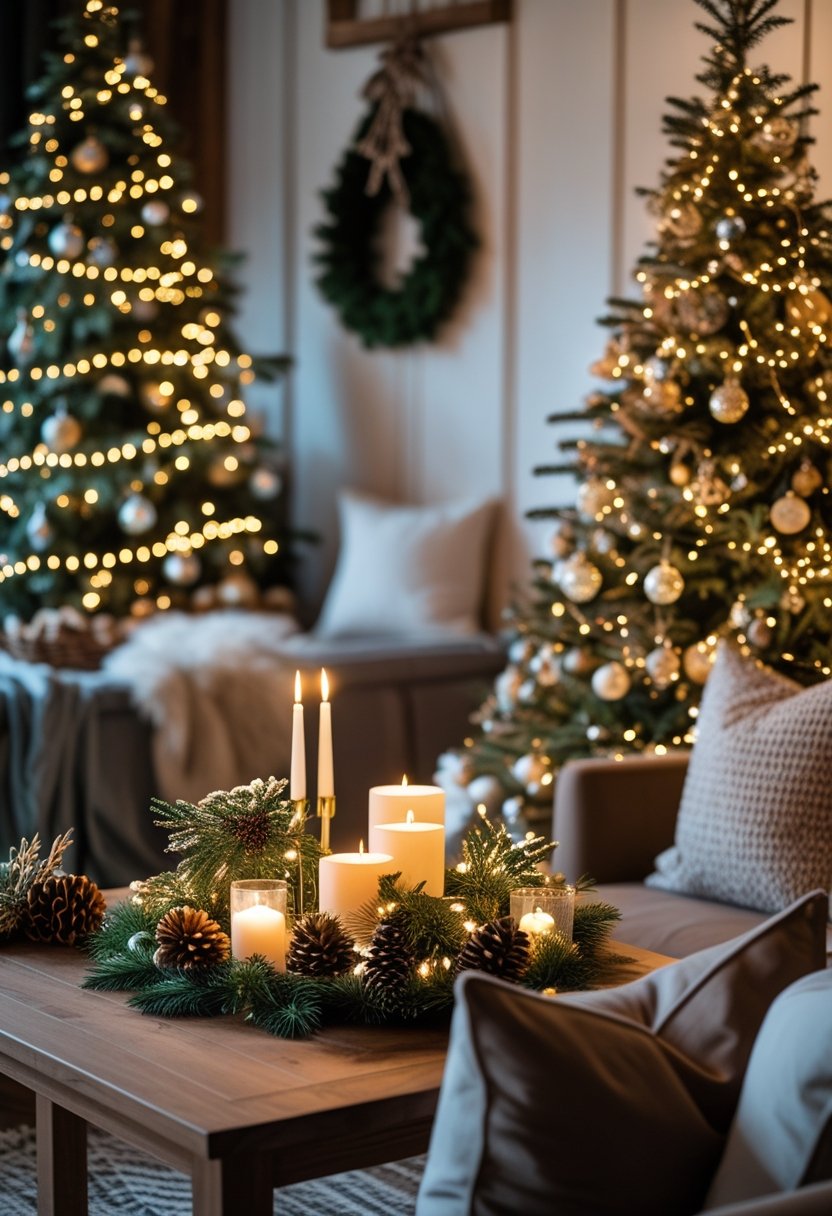 A cozy living room with a decorated Christmas tree and holiday centerpieces on a table.
