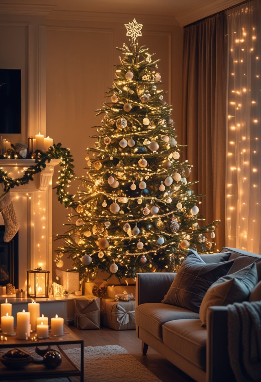 A cozy living room decorated for the holiday season with a Christmas tree, twinkling lights, and festive decorations.