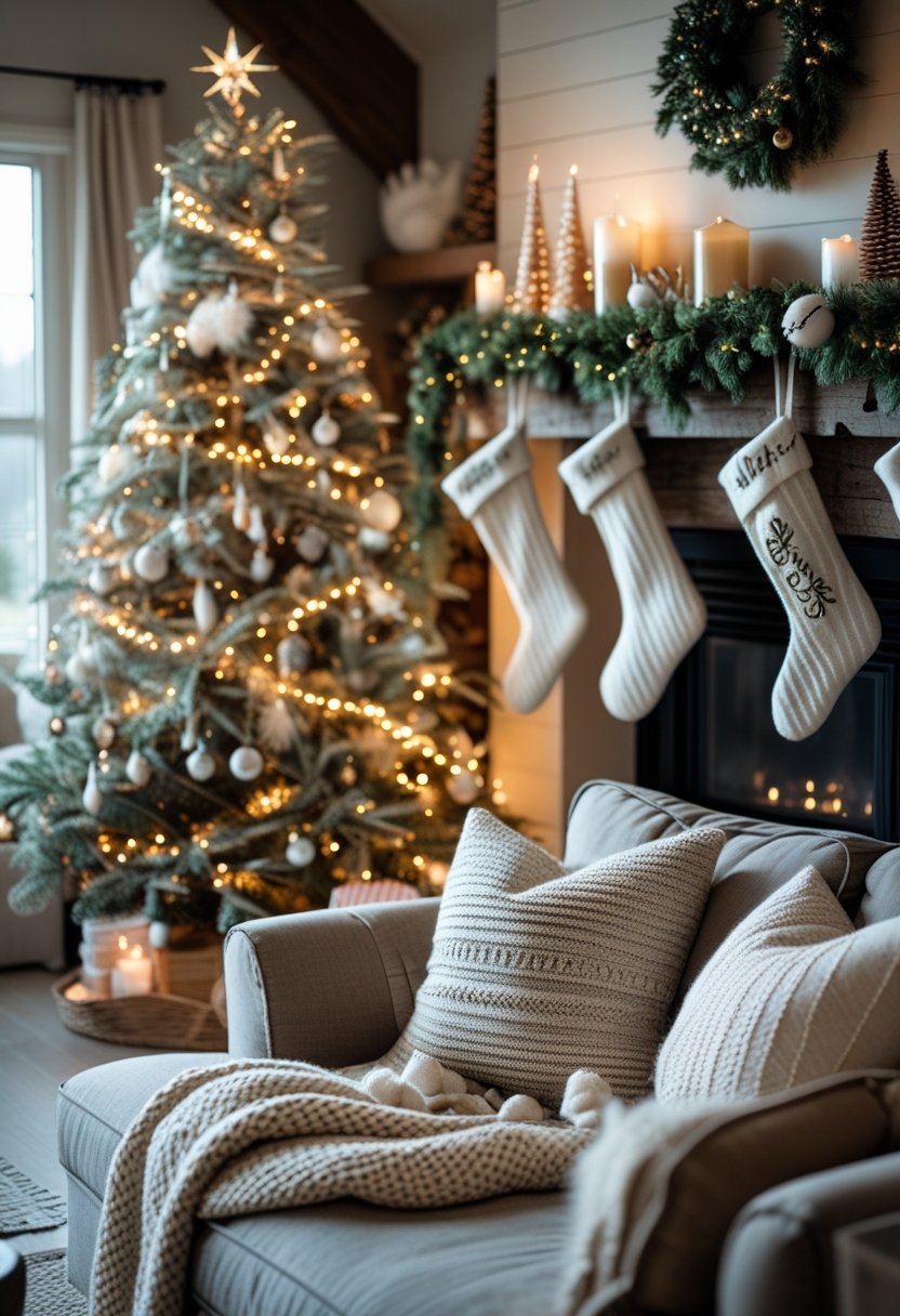 A cozy living room decorated for Christmas with a decorated tree, hanging stockings, and festive holiday decorations.