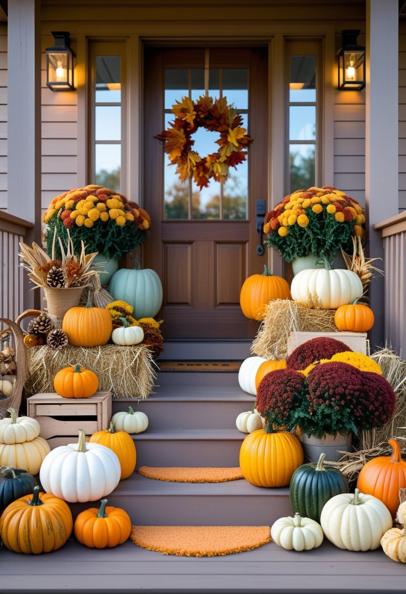 A doorstep decorated with pumpkins, colorful mums, and rustic baskets filled with fall foliage and seasonal items.