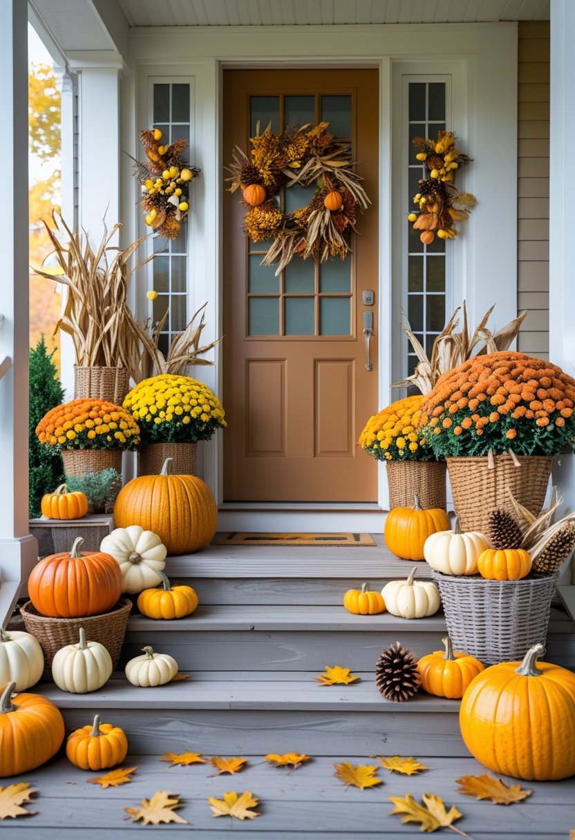 A front porch decorated with pumpkins, mums in baskets, and autumn leaves arranged around the doorstep.