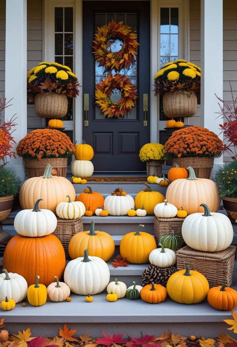 A doorstep decorated with multiple pumpkins, colorful mums, rustic baskets, and autumn leaves creating a warm fall display.