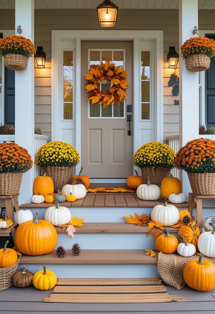A porch decorated with pumpkins, mums in baskets, and fall-themed decorations on wooden steps in front of a door.