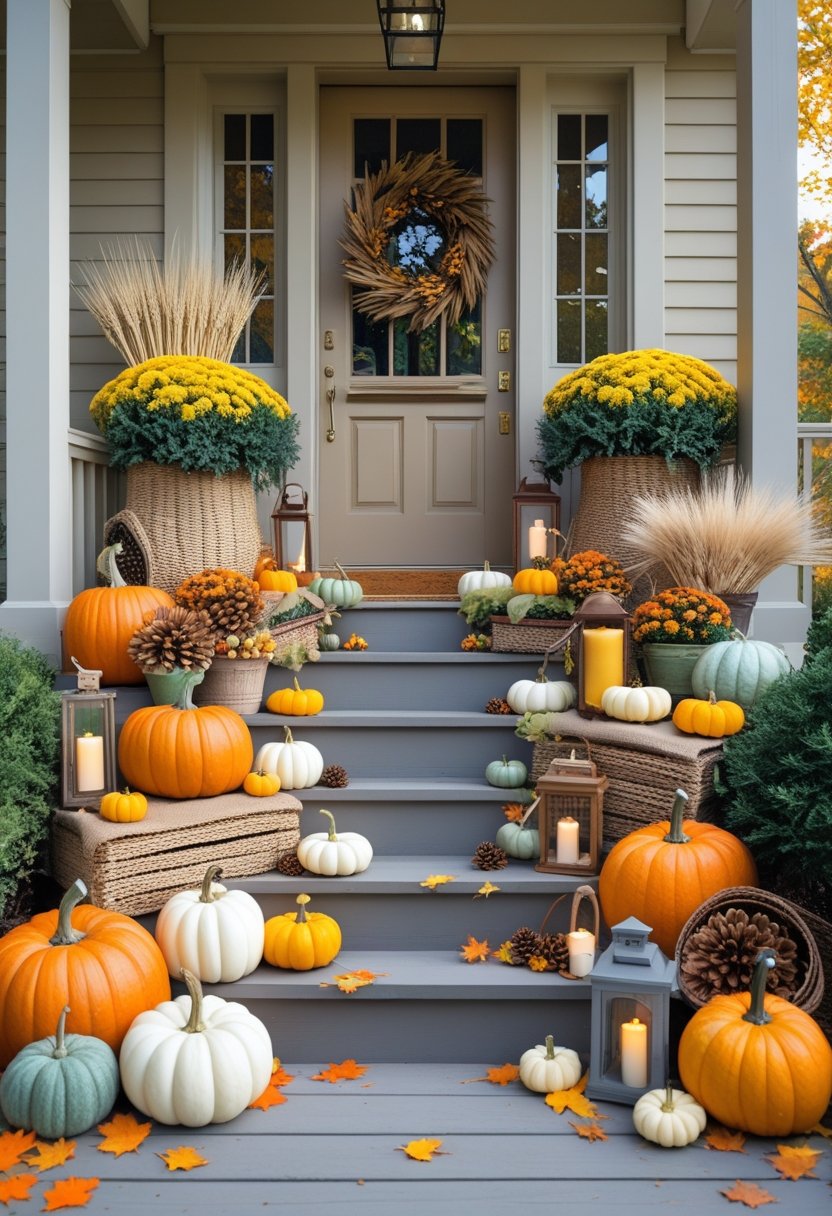 A front doorstep decorated with pumpkins, colorful mums, rustic baskets, lanterns, and autumn leaves arranged on wooden steps.