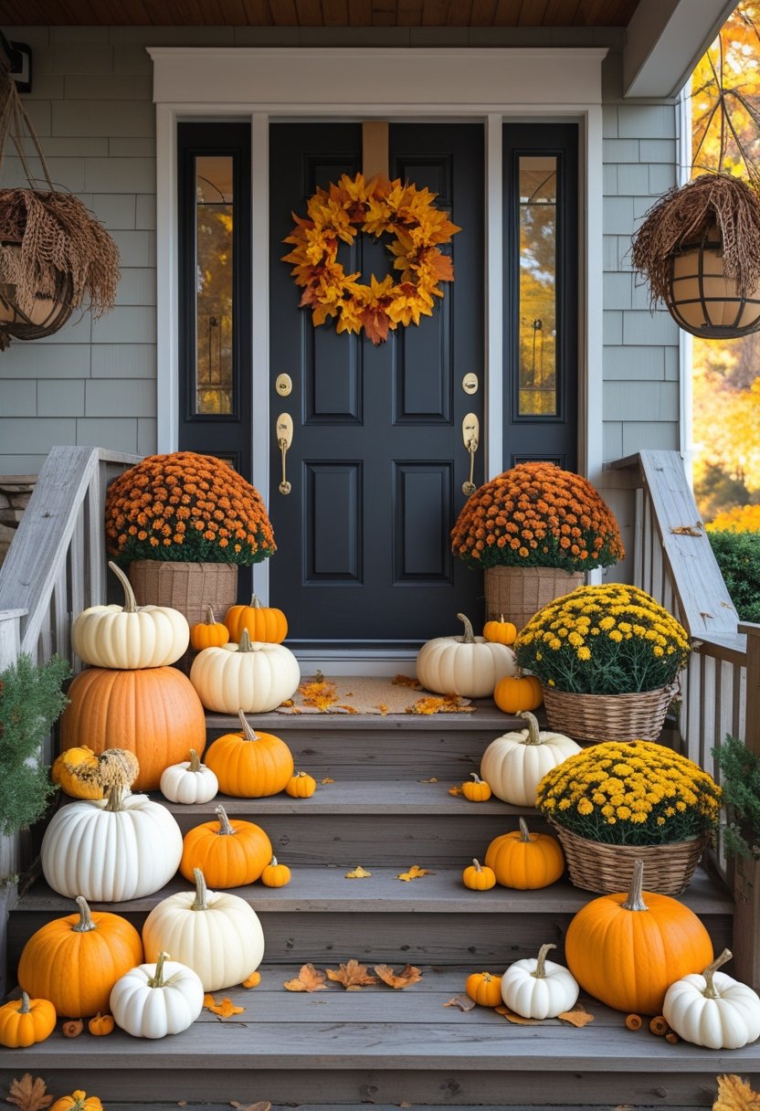 A doorstep decorated with pumpkins, mums, rustic baskets, and autumn leaves creating a warm fall scene.