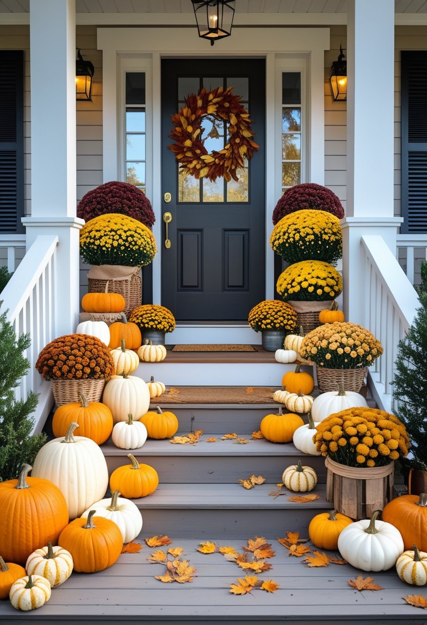 A front porch decorated with pumpkins, mums, and rustic baskets arranged for fall.