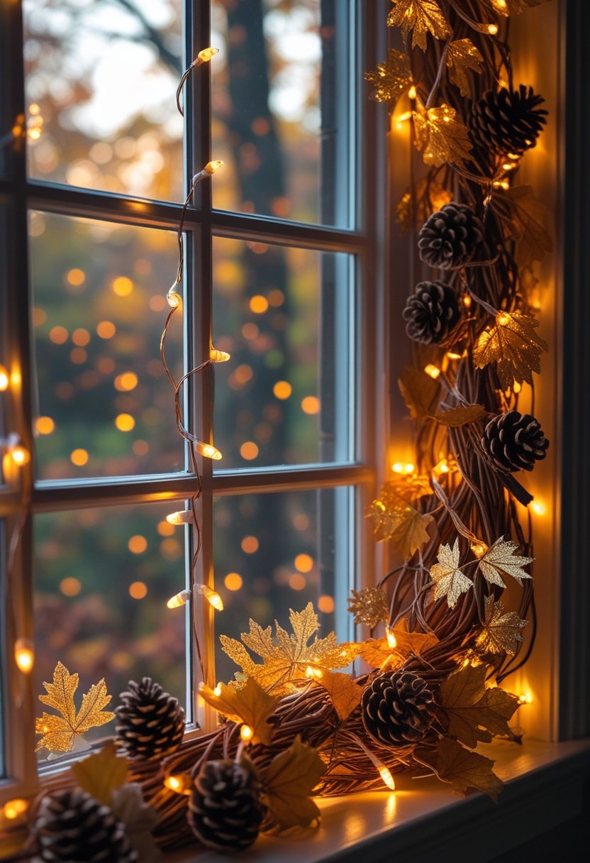 A window decorated with warm fairy lights, a rustic fall garland, and golden leaves.