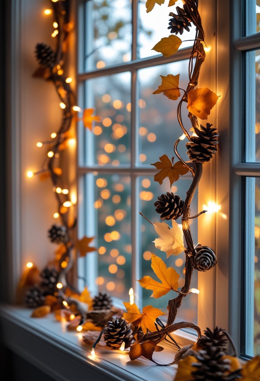 A window decorated with warm fairy lights, rustic fall garland, and golden autumn leaves.