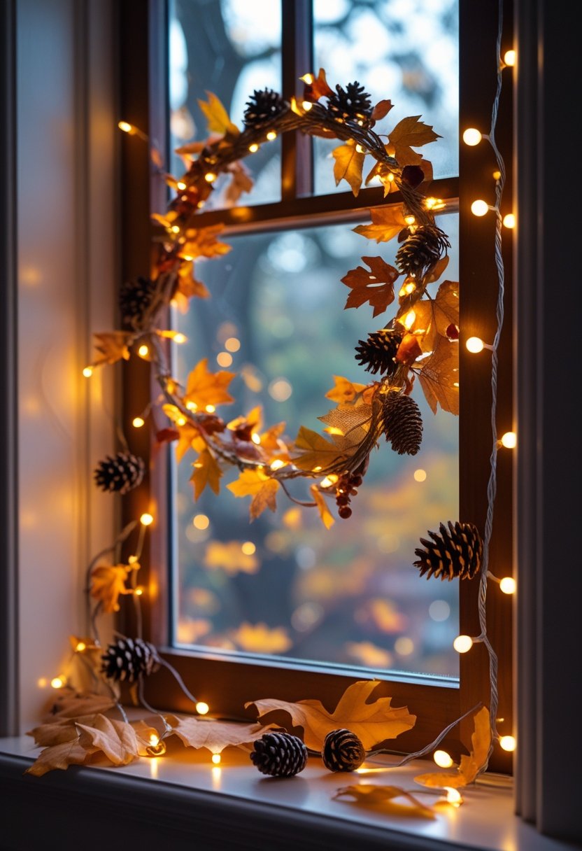 A cozy autumn window decorated with warm fairy lights, rustic garland, and golden leaves on the windowsill.