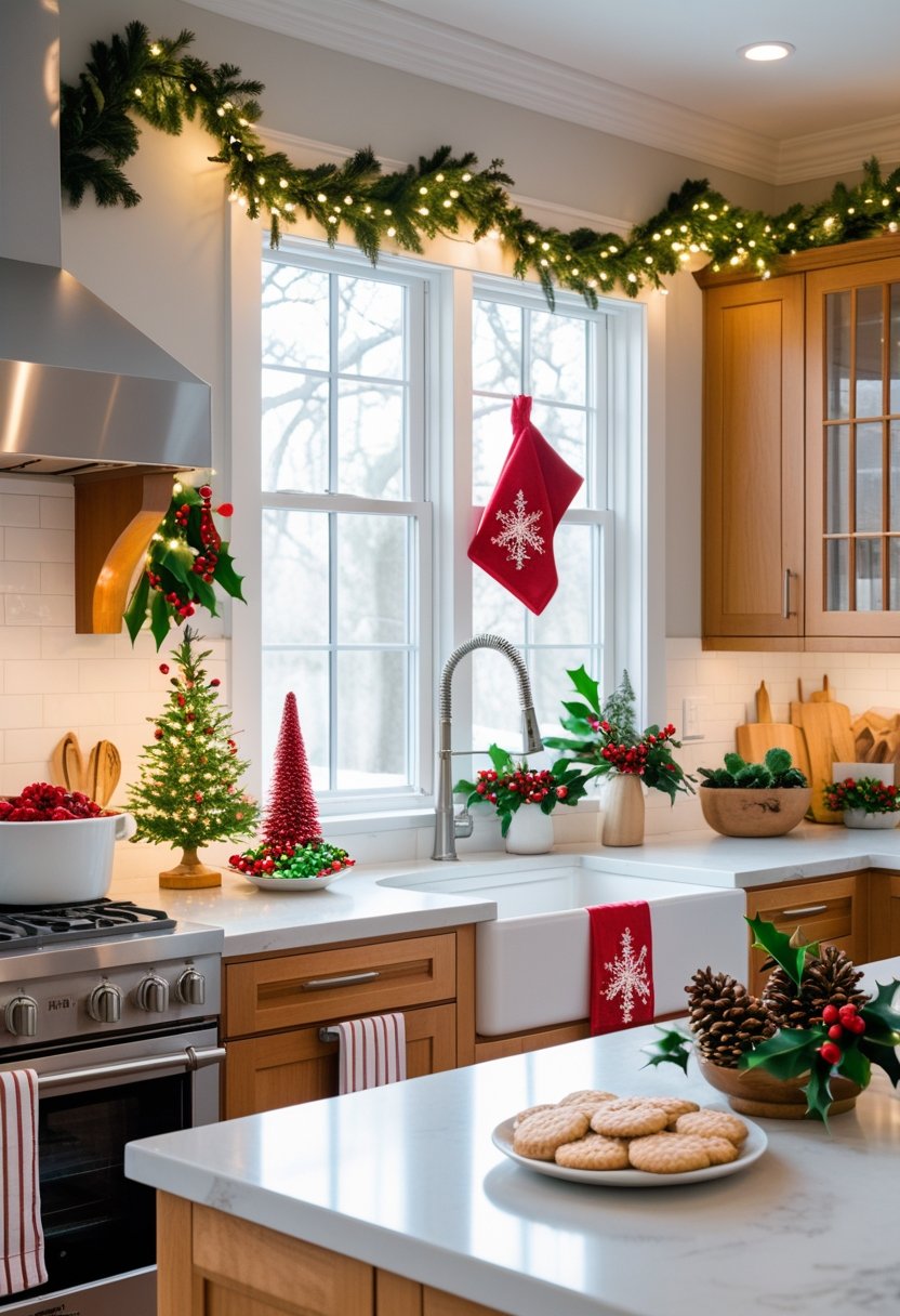 A modern kitchen decorated for Christmas with a small tree, holiday towels, pine cones, and cookies on the counter.