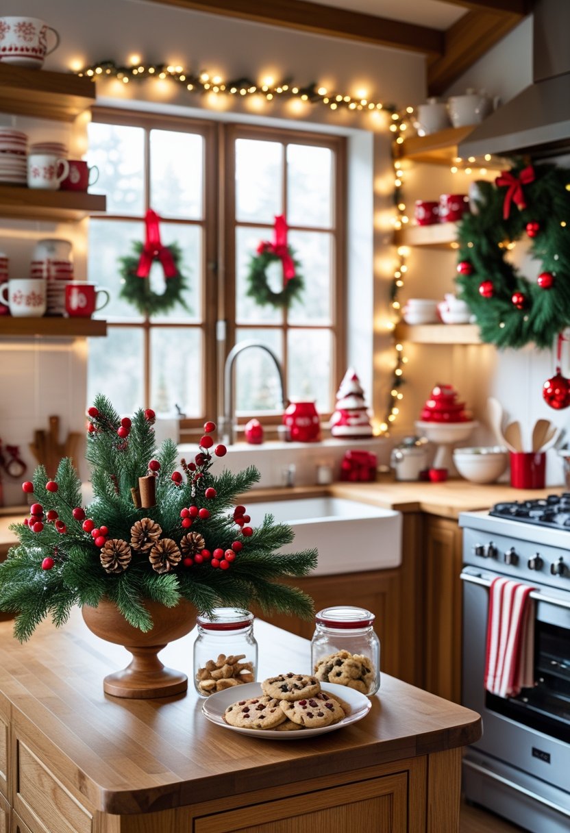 A cozy kitchen decorated with Christmas greenery, red berries, fairy lights, holiday cookies, and festive kitchen towels.