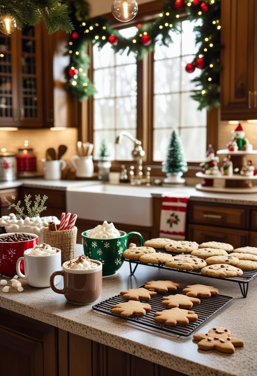 A kitchen decorated for Christmas with a cozy cocoa station, mugs of hot chocolate, baking ingredients, and freshly baked cookies on the counter.