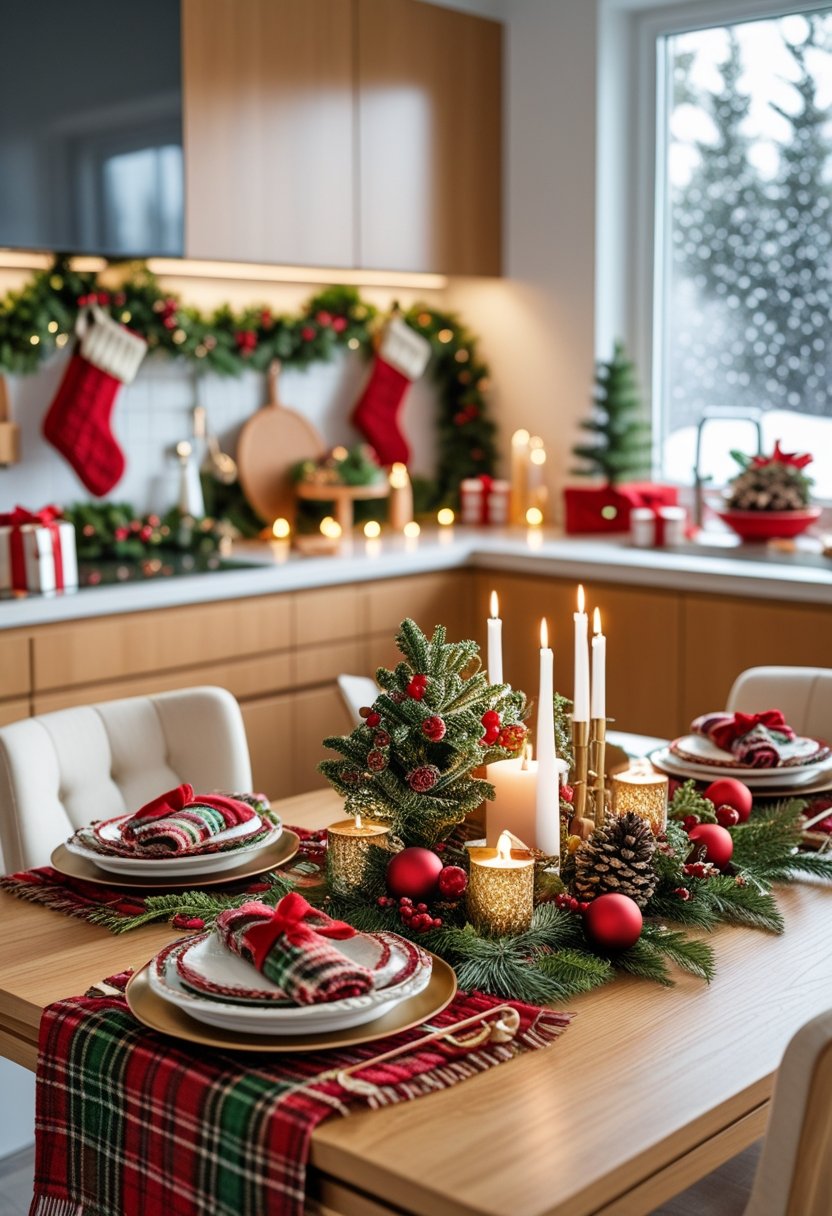 A festive kitchen decorated with Christmas textiles, pine garlands, and holiday ornaments, featuring a wooden table set for the holidays with candles and seasonal decorations.