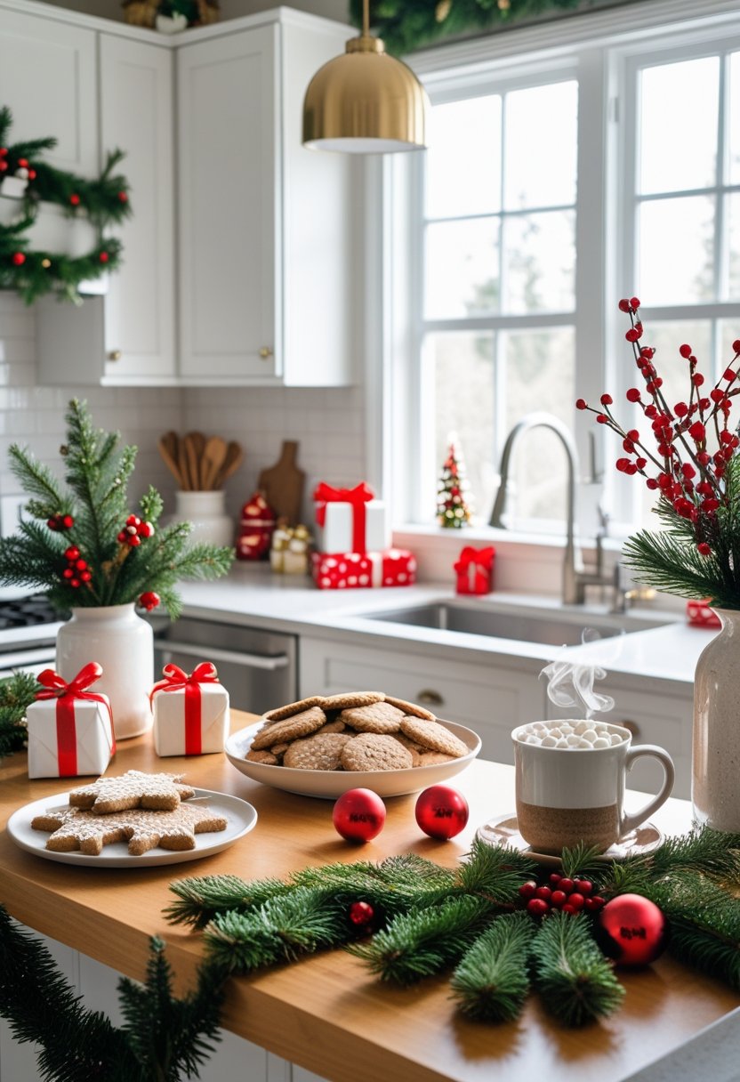 A kitchen countertop and tabletop decorated with Christmas ornaments, pine branches, cookies, and a mug of hot cocoa.