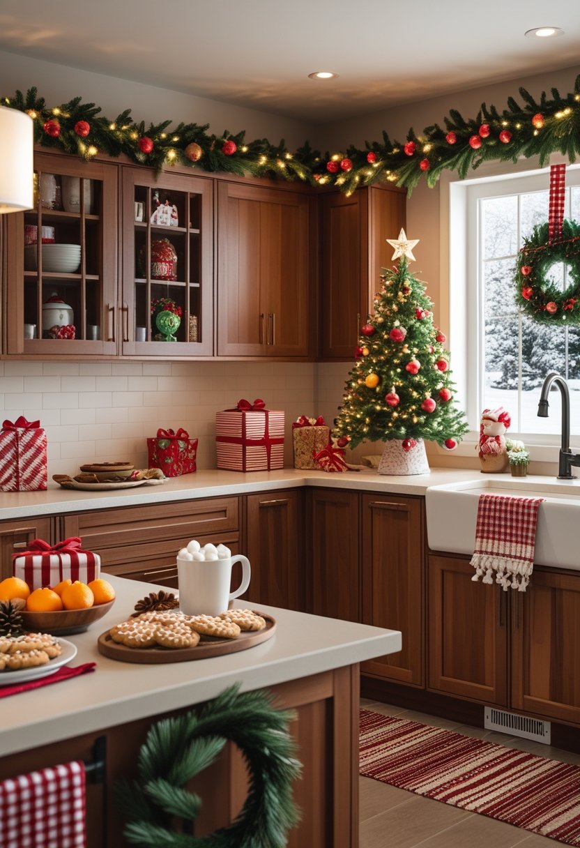 A cozy kitchen decorated for Christmas with pine garlands, ornaments, fairy lights, a small Christmas tree, wrapped gifts, holiday cookies, and a snowy scene visible through the window.