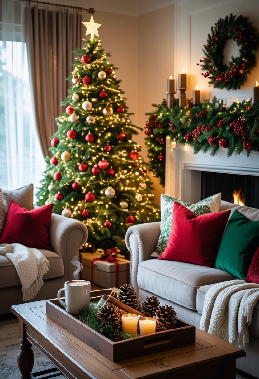 A living room decorated for Christmas with a lit tree, garlands on the mantel, festive pillows on a sofa, and a coffee table with holiday decorations.