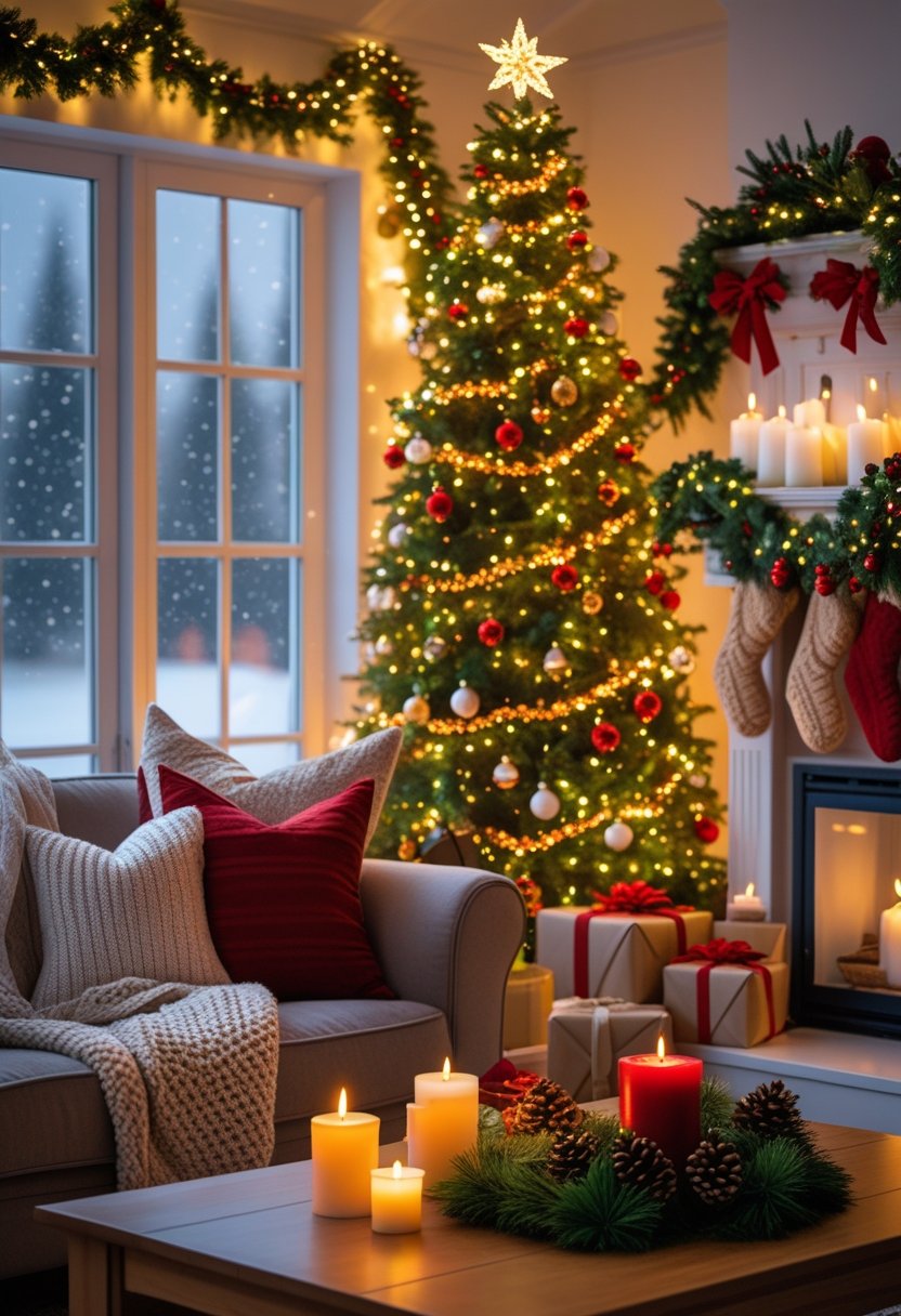A cozy living room decorated for Christmas with a lit Christmas tree, garlands, candles, and wrapped gifts.