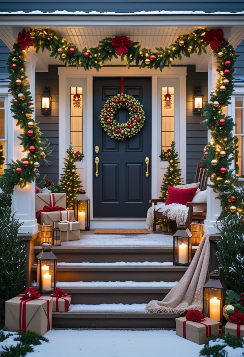 A front porch decorated for Christmas with a wreath on the door, garlands with lights, lanterns, wrapped gifts, and a wooden bench with cushions and a blanket.