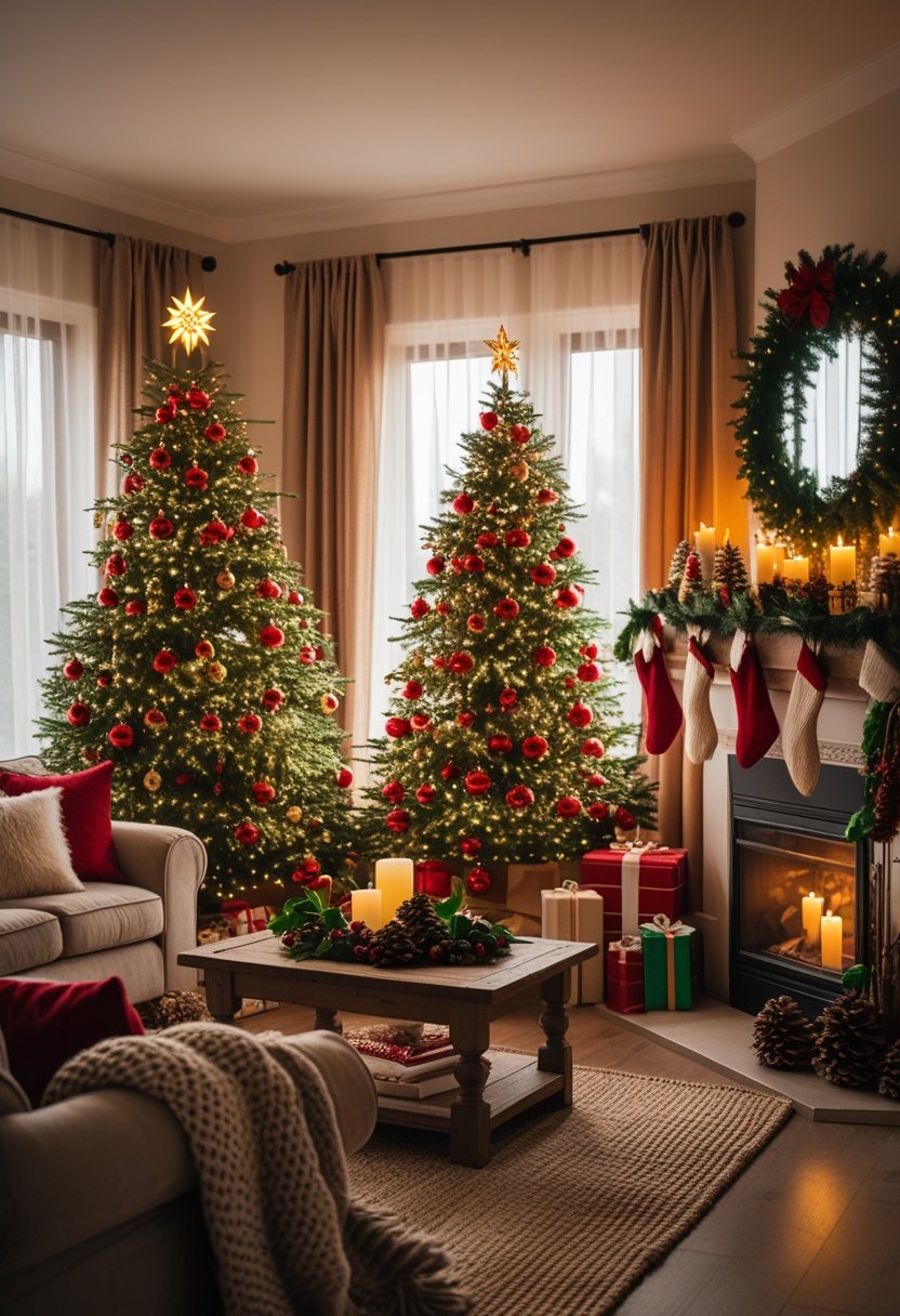 A living room with a decorated Christmas tree, a sofa with cushions and a blanket, a fireplace with stockings, and wrapped presents on the floor.