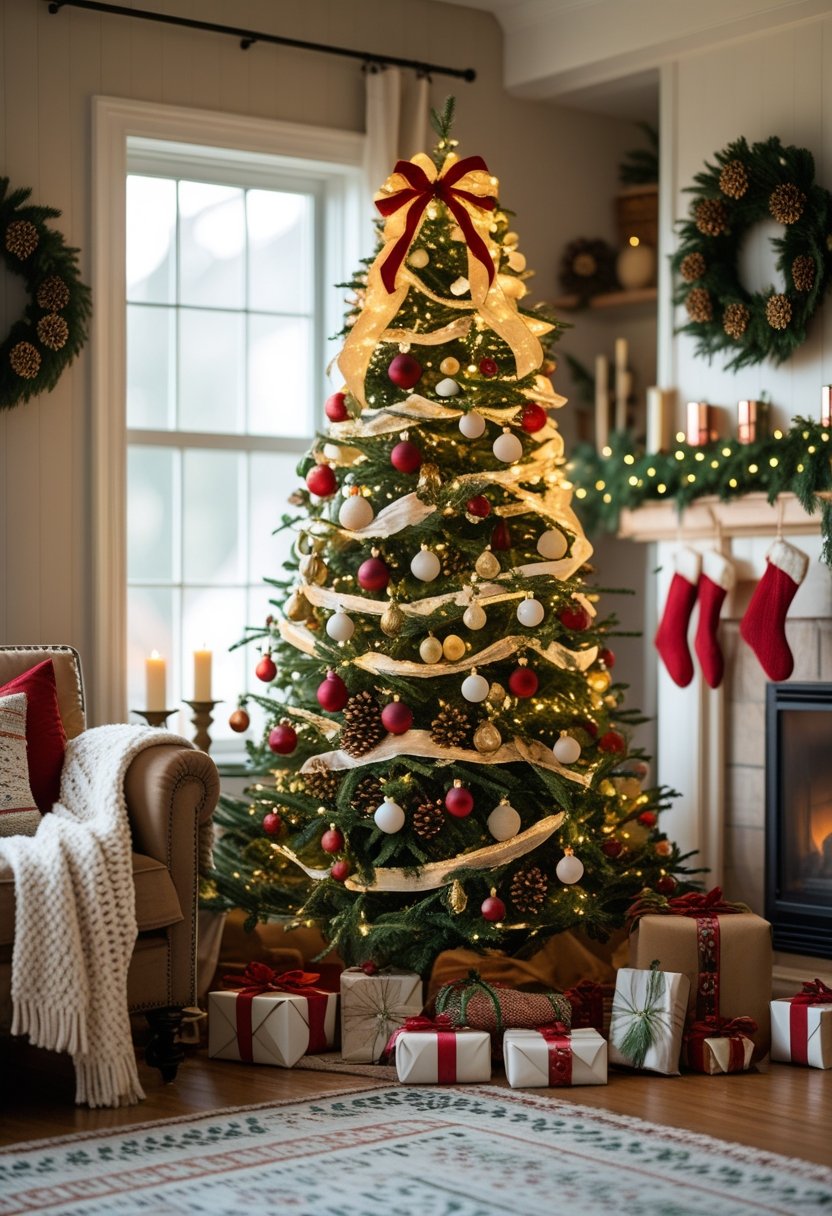 A living room with a decorated Christmas tree, holiday wreath, candles, and wrapped presents creating a warm festive atmosphere.